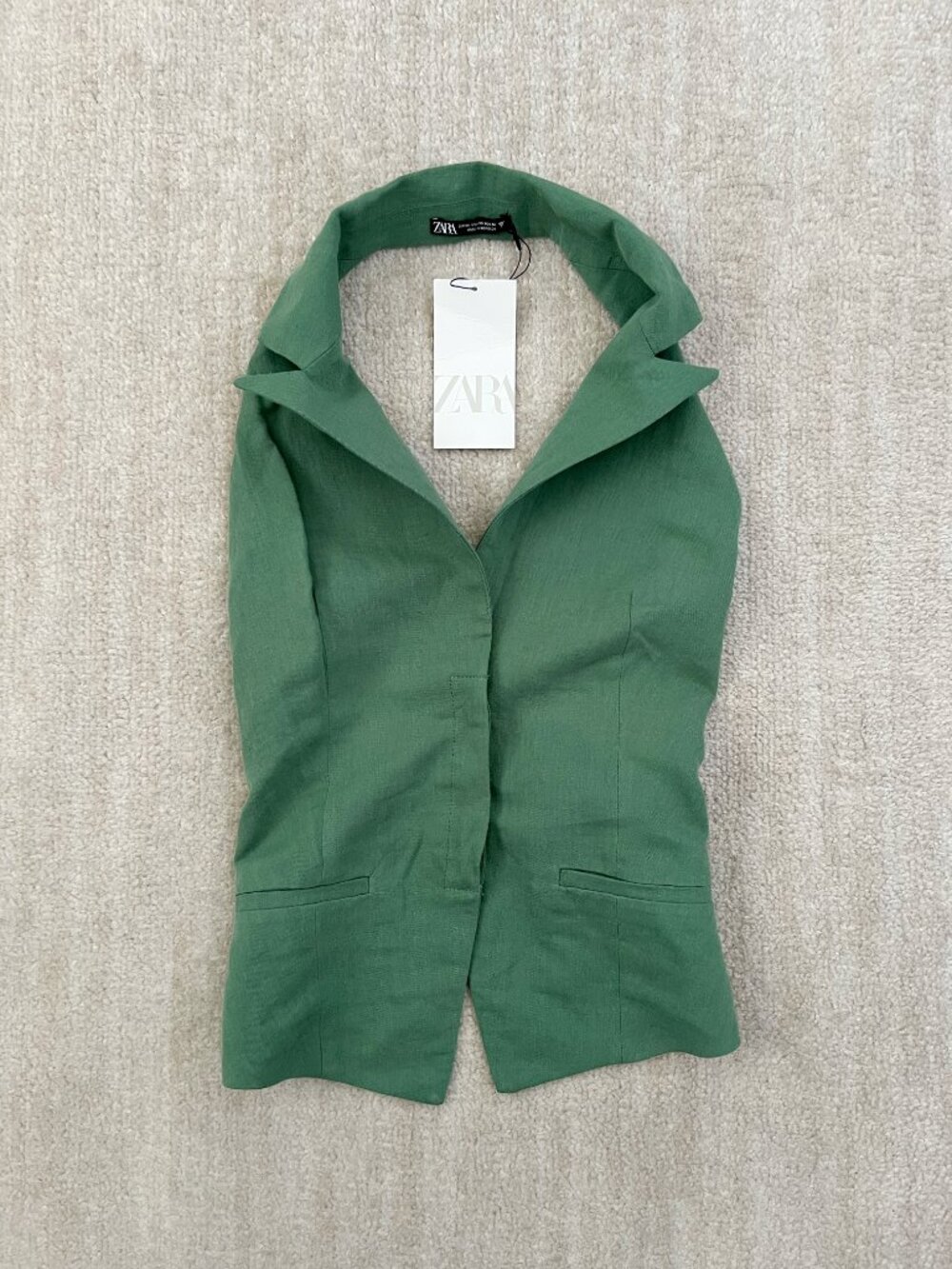 NWT Zara Green Linen Cotton Vest Sleeveless Backless Top XS